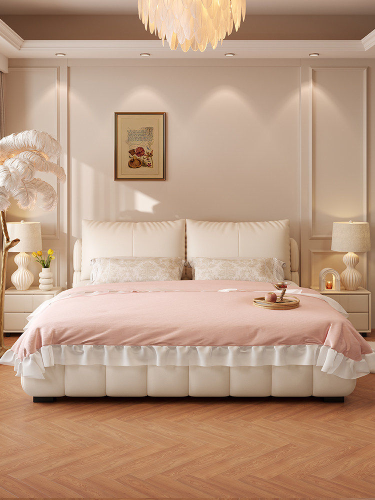 Modern Cream Puff Upholstered Leather Queen Bed Luxury Design