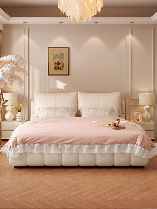 Modern Cream Puff Upholstered Leather Queen Bed Luxury Design