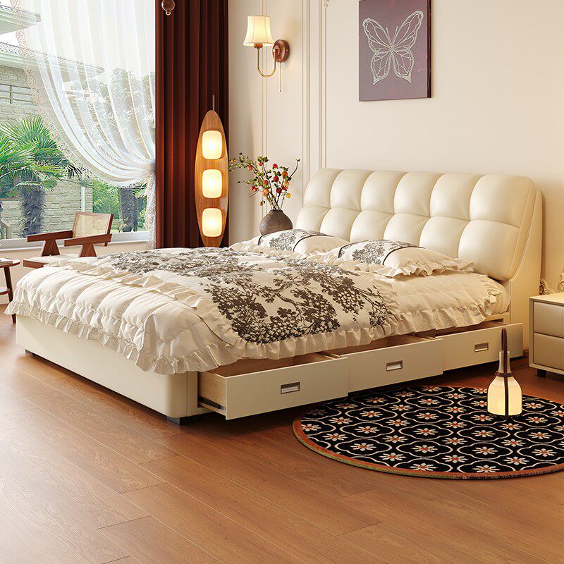 Modern Cream Upholstered Bed LED Storage Double Platform Bed