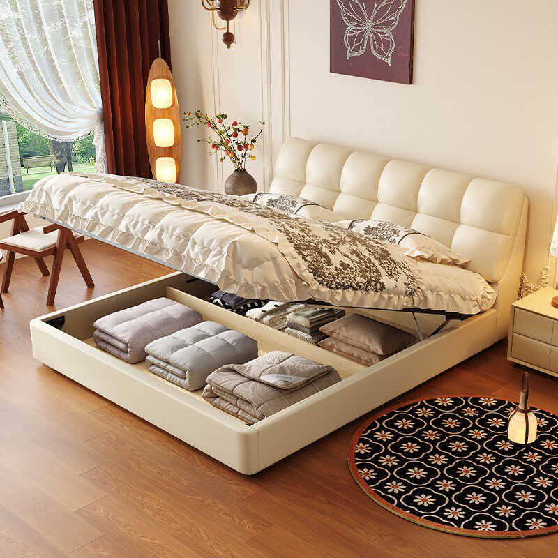 Modern Cream Upholstered Bed LED Storage Double Platform Bed
