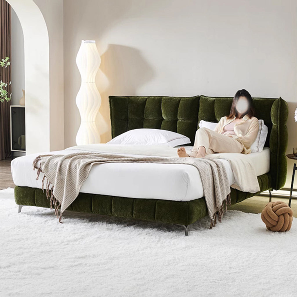 Modern Chenille Fabric Bed 1.8m Double Bed Solid Wood Frame